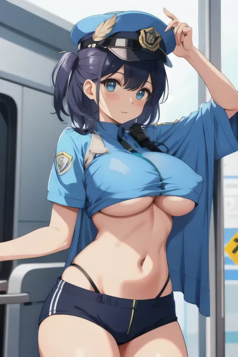 oppai showcase, police women, cutout between chest and  belly button,erect nipples under cloth, underboob