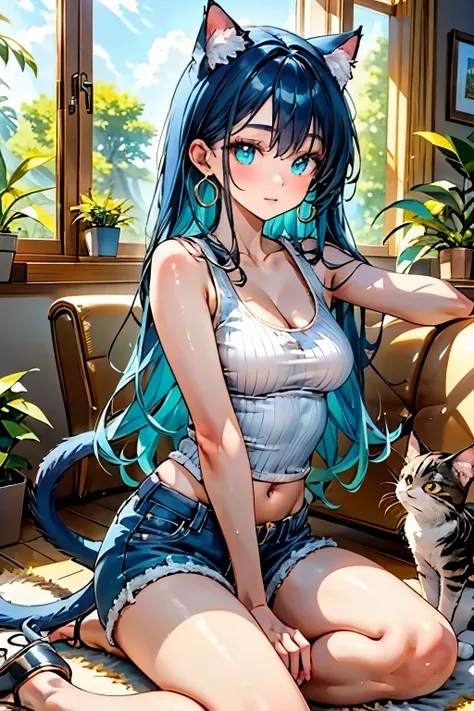 An anime-style illustration of a beautiful a 20-year-old girl, beautiful detailed eyes, beautiful detailed lips, extremely detailed eyes and face, long eyelashes, gorgeous young woman, elegant, graceful pose with cat ears (neko-style), long straight dark b...