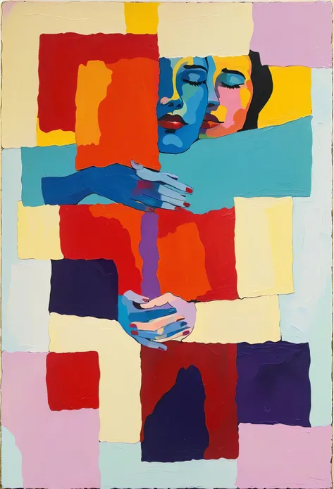 An abstract modern painting of two human faces intertwined in a tender, emotional embrace. The composition features bold, vibrant colors, including deep yellow, purple, red, and blue. One face is painted in warm yellow tones with full red lips, while the o...