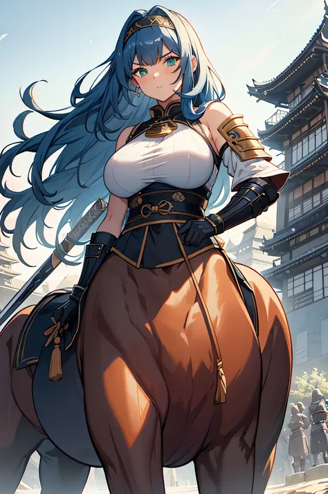 4K, high definition ,One Woman,Centaur, blue hair, long hair , green eyes, brown fur, huge boobs from afar,warrior,White Armor,Heavy Armor,Sleeveless, white long gloves, headband, big Japanese sword,Japanese castle tower 