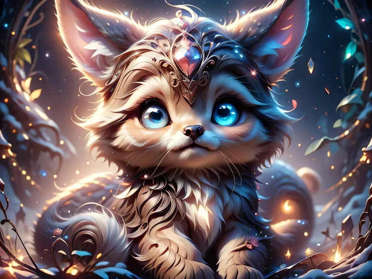 Magical Fantasy Creature, (Best Quality, Masterpiece, Representative Work, Official Art, Professional, Super Detailed, 8k:1.3), (Photorealism:1.2) Super Cute, Big Eyes, Soft, Soft Nose, Fluffy, Double-Toothed Smile, Adorable Fawn on Natural Christmas Backg...