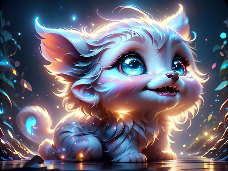 Magical Fantasy Creature, (Best Quality, Masterpiece, Representative Work, Official Art, Professional, Super Detailed, 8k:1.3), (Photorealism:1.2) Super Cute, Big Eyes, Soft, Soft Nose, Fluffy, Two-Toothed Smile, A baby white unearthly creature has big blu...