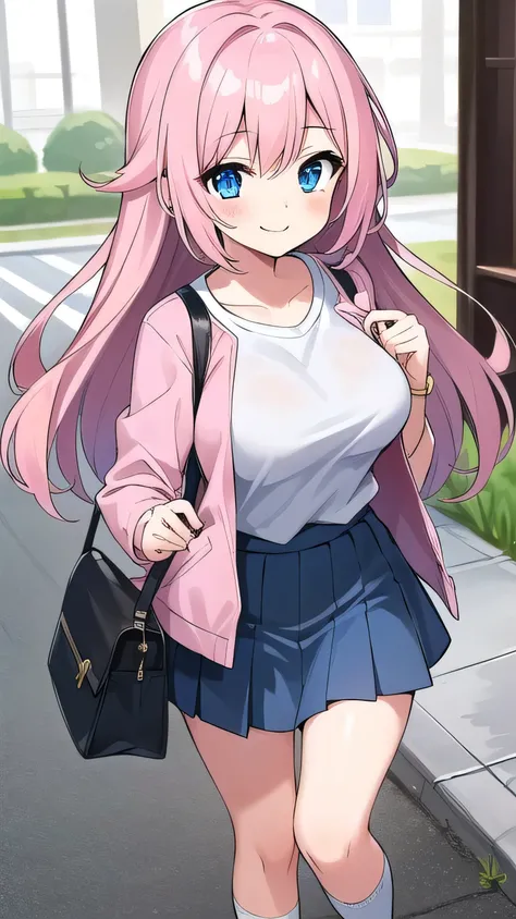 One girl, smile, elementary school, pink hair,  short, slanted eyes, super long hair, (((straight hair))),  pink sleeve T-shirt, gray super mini skirt, (no jacket) knee socks, (blue eyes: 1.2), (large breasts: 1.0), young girl, walk and rape eye cute, hold...