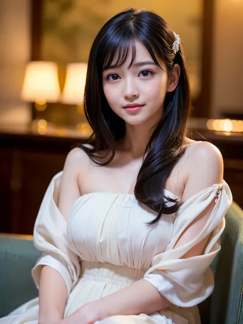 (Best-quality, Masterpiece, Ultra-High-Resolution, (Photorealistic:1.4), Raw Photo, depth of field, professional lighting), (1girl, (((15-years-old))), (((the most famous Japanese-idol))), (((wearing extremely gorgeous evening-dress))), sitting in luxury-h...