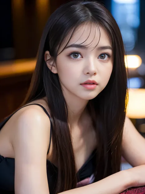 (Best-quality, Masterpiece, Ultra-High-Resolution, (Photorealistic:1.4), Raw Photo, depth of field, professional lighting), (1girl, (((15-years-old))), the most famous Japanese-idol, (((wearing extremely gorgeous evening-dress))), lying in luxury-hotel-bar...