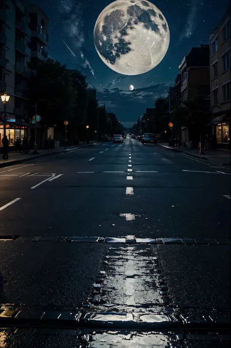  There is a large mirror in the middle of the street, which showed the night sky ,  stars and moon  