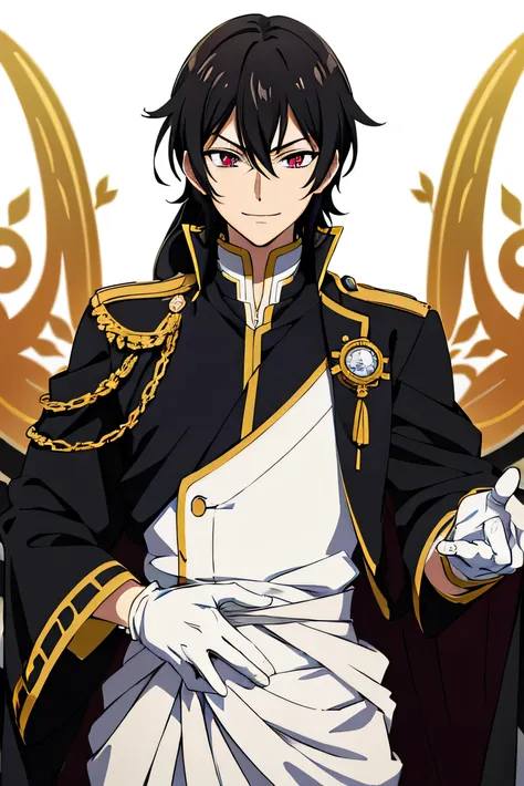  anime image of a man with black hair and a royal outfit, prince, inspired by Lelouch , slightly happy facial expression,  dark amber eyes , Sleepy expression, Kirito, [[[[ Smiling Maliciously ]]]], grinning lasciviously, mischievous smile,  white gloves, ...