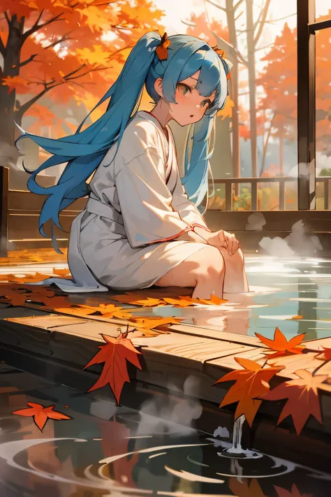 Girls, girls, twin tails, light blue hair, long twin tails, hot springs, steam, autumn, autumn leaves, bathrobe, high quality