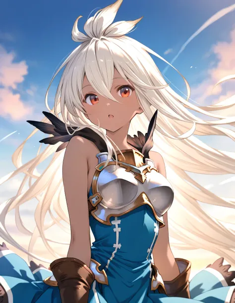 1girl, zooey_(granblue_fantasy), little female, dark-skinned female, very long hair, white hair, red eyes, beautiful detailed eyes, medium breasts, breastplate, open mouth, outdoors, wind, game CG break,((artist:shida_kazuhiro)),(artist:mitsumi_misato),(ar...