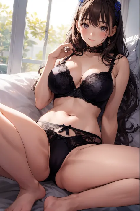 1woman, anegasaki nene, aanene, cute woman, tareme, (slim:1.5), detailed bra with lace, detailed panties with lace, ultra-detailed delicate underwear with lace, lingerie, upskirt, floral hair accessory, BREAK many flowers in the room, looking at viewer, sm...