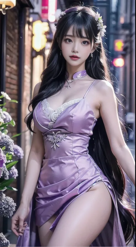 on street, lavender violet color, a woman in a wedding dress，holds a bouquet of flowers, lalisa manobal, album art, official art...