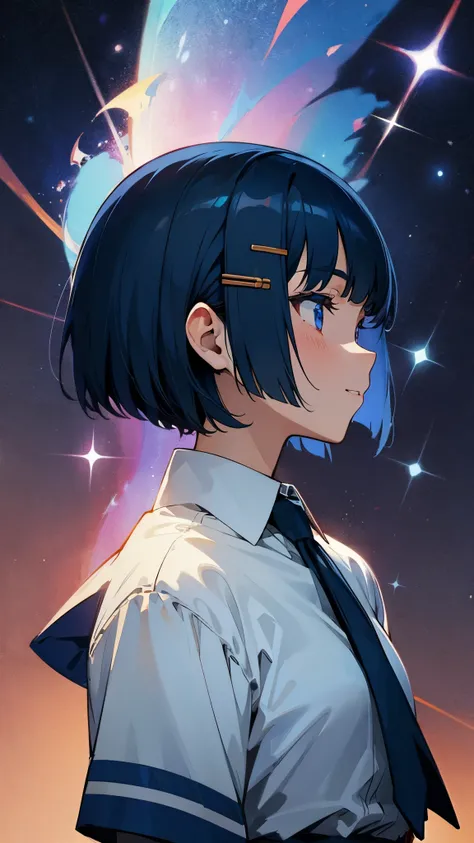  1 Girl 、masterpiece、 best quality、 Details、beautifulブラウン色の目、 Shiny Dark Blue Hair、 bob cut from the front、Tie your hair with a hair clip、beautiful、 dancer、 starry sky 、night、Anime style painting、Hard Edge、Soft Surface、smile、profile、 close up of the upper ...