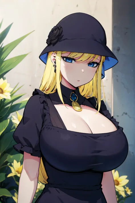 Blonde hair, huge tits   , (((black dress))),  thick, busty, blue eyes, ((upperbody)), emotionless, cleavage, flower garden