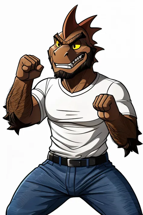 Fraction_9, Fraction_8_up, Fraction_7_up, Fraction_6_up, Fraction_5_up, Fraction_4_up, male focus, score_safe, src_hairy, hairy, lizard Man, only, grimace, vector_Art,short jeans, whole body, fighting stance, White T-shirt