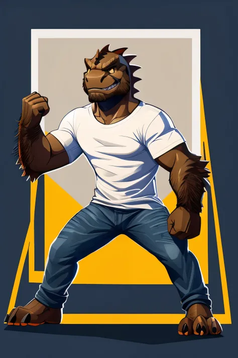 Fraction_9, Fraction_8_up, Fraction_7_up, Fraction_6_up, Fraction_5_up, Fraction_4_up, male focus, score_safe, src_hairy, hairy, lizard Man, only, grimace, vector_Art,short jeans, whole body, fighting stance, White T-shirt