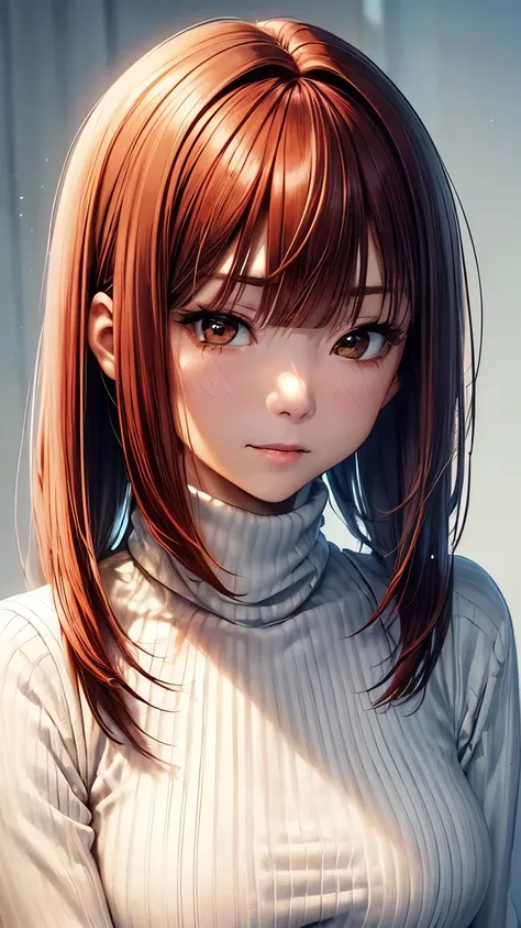 A 35 year old  white skin Japanese lady (( very slender body and extra very small breast:1.3 )),((browny red color hair:1.5))((extra very short straight smooth hair))((much amount of straight asymmetrical forelock:1.6)),((ivory color turtleneck sweater:1.5...