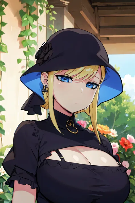 blonde hair, huge tits   , (((black dress))),  thick, busty, blue eyes, ((upperbody)), emotionless, cleavage, flower garden