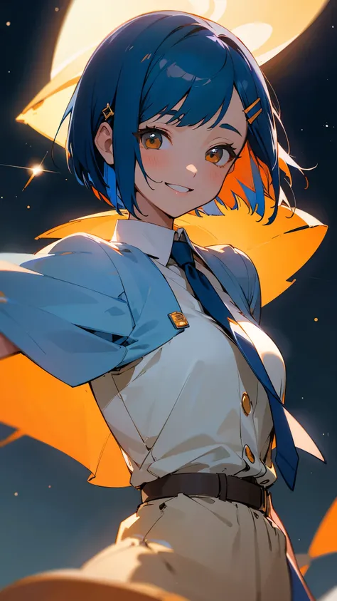  1 Girl 、masterpiece、 best quality、 Details、Light blue and orange tones、Dark blue hair、 bob cut from the front、Tie your hair with a hair clip、Beautiful brown eyes、 dancer、 starry sky 、night、Anime style painting、Hard Edge、Soft Surface、smile、Grin、 close up o...