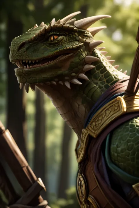 D&D style portrait, fantasy, digital art, close up of a Male Argonian, Smiling, Fairy-Tale, Depth of field 270mm, concept art, elaborate, close-up, manly, detailed face