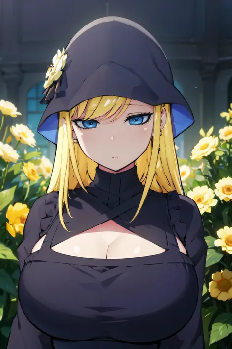 Blonde hair, huge tits   , (((black dress))),  thick, busty, blue eyes, ((upperbody)), emotionless, cleavage, flower garden