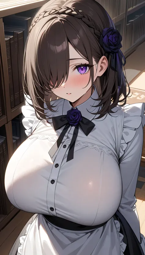 (masterpiece, Highest quality:1.2), (1girl), alone, ((medium hair)), ((dark brown hair)), (straight hair), ((hair over face)), (hair over one eye), (hair over right eye), (black maid dress), white apron,long sleeves, (purple eyes), (((big breast))), high d...