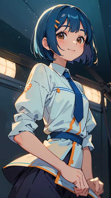  1 Girl 、masterpiece、 best quality、 Details、Light blue and orange tones、Dark blue hair、 bob cut from the front、Tie your hair with a hair clip、Beautiful brown eyes、 dancer、 starry sky 、night、Anime style painting、Hard Edge、Soft Surface、smile、 close up of the...