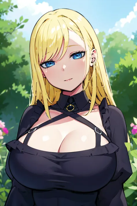 blonde hair, huge tits, smile   , (((black dress, toplesss))),  thick, busty, blue eyes, ((upperbody)), emotionless, cleavage, f...