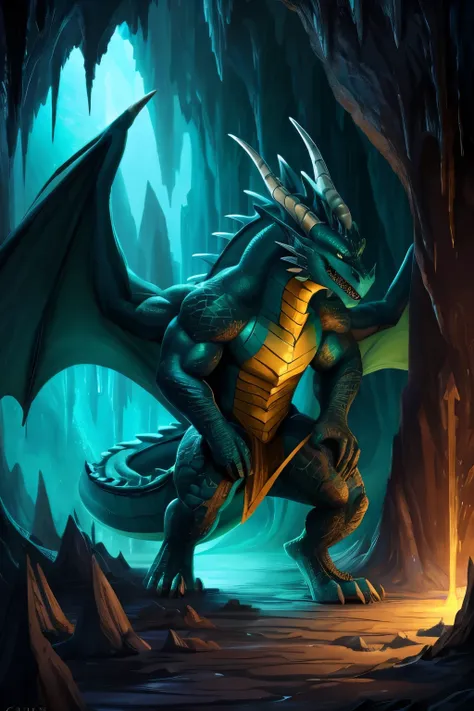 large, fierce dragon, wearing golden jewelry, grinding against stalagmite, dark cavern, teal scales shimmering, intimidating, muscular