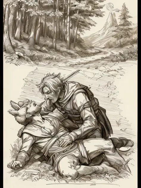 davincisketch,A man gets hit on the head by a bear, rebel wild, attacked in the forest, (manga style), (sketch), (illutration)