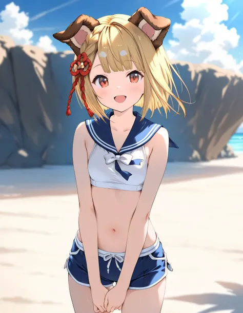 1girl, vajra_(granblue_fantasy), little female, short hair, blonde hair, dog ears, brown eyes, beautiful detailed eyes, small breasts,sailor crop top, bikini shorts, open mouth,  outdoors, wind, game CG break,((artist:shida_kazuhiro)),(artist:mitsumi_misat...