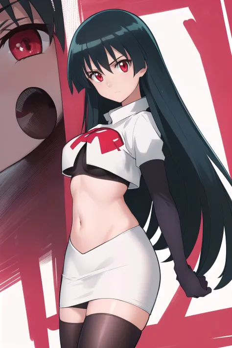 akame (akame ga kill!), (masterpiece, best quality, wallpaper), (((extremely detailed, intricate details, lush detail, insanely detailed face, beautiful red eyes, shiny skin, sharp eyes))), team rocket,team rocket uniform,white skirt,red letter R,crop top,...