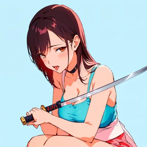  perfect face, passionate, open mouth,  tongue out ,  big boobs, Sensual, sexy woman,  Hot woman, ,  very detailed ,  red cheeks , anime girl with a sword kneeling down on the ground, she is holding a katana sword, unsheathing her katana, holding a sword o...