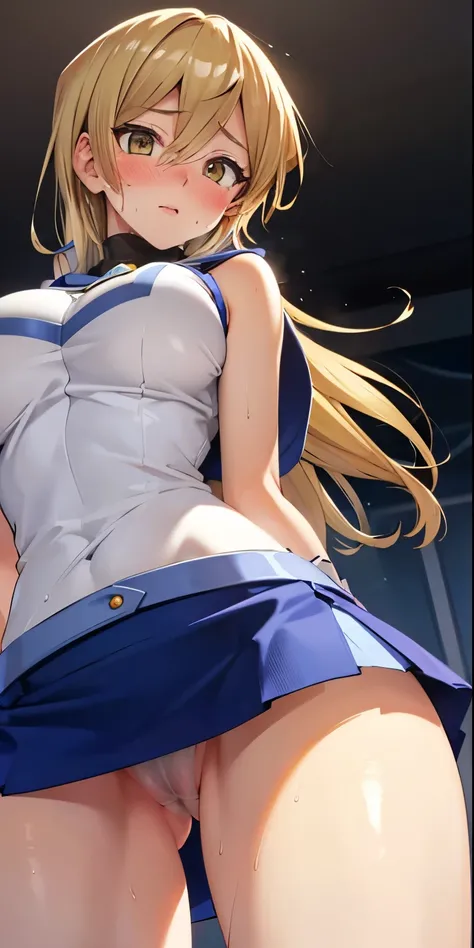 1 Female,High definition,high resolution,Ultra-realistic,8K,ta1,blonde hair,long hair,yellow eyes, white jacket, sleeveless, blue skirt,tight skirt , miniskirt,fingerless gloves,(pussy),(pubic hair),European,sexy,Upper body close-up,Photographed from the f...