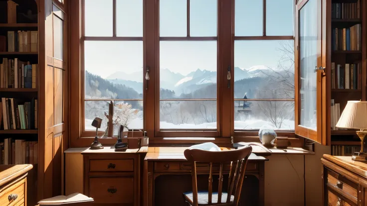  high definition、4K、Photo quality、 REAL STICK 、Soft Light Source 、Background Image。     study and reading space ：
    Small bookshelf。
    Antique desk 。
     reading chair by the window 。
     large window with a view of the snowy landscape。