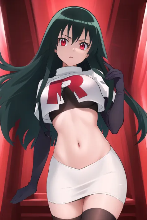 akame (akame ga kill!), (masterpiece, best quality, wallpaper), (((extremely detailed, intricate details, lush detail, insanely detailed face, beautiful red eyes, shiny skin, sharp eyes))), team rocket,team rocket uniform,white skirt,red letter R,crop top,...