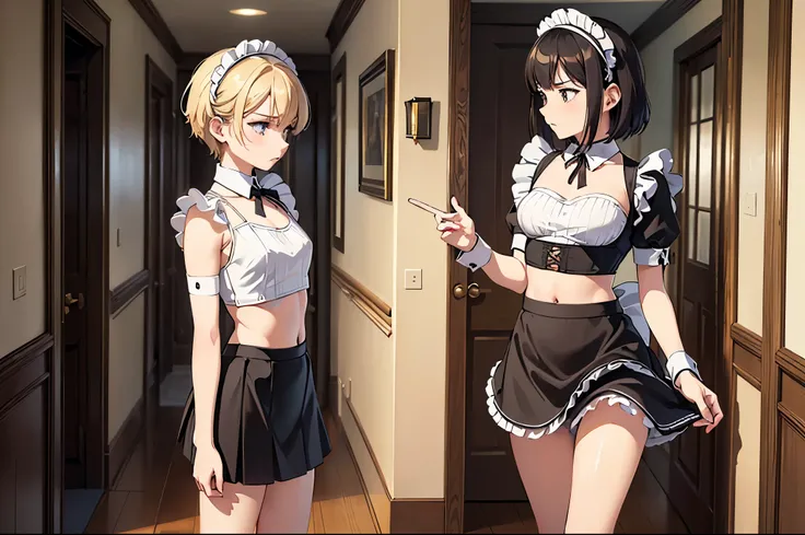 masterpiece, best quality, very detailed body, ultra detailed, very detailed face, (((anime))), ((2women)), (((slanting view))), ((side view)), (((maid uniform, croptop, short skirt))), ((looking away)), ((sad expression)), (((small breasts))), ((in the co...