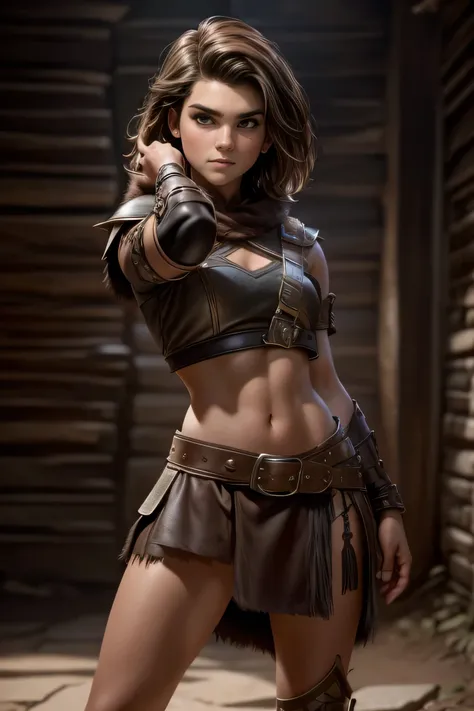 Young Viking woman , short brown hair, ojos marrones, leather armor, top leather straps , muscular shirt , fur skirt, bushy eyebrows, looking at the camera , Epic character composition, a look of determination, full body, masterpiece , super detail, ...