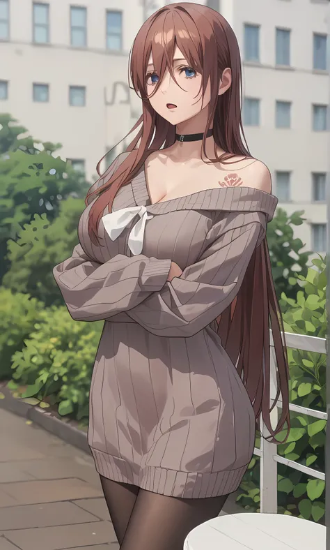 Fit girl,score_9, score_8_up, score_7_up, score_6_up,
uncensored,
1girl, miku nakano, long hair, bangs, blue eyes, brown hair, shirt, hair between eyes, huge breasts,
1girl, long_hair, pantyhose, choker, crossed_arms, open_mouth, sweater, brown_hair, looki...