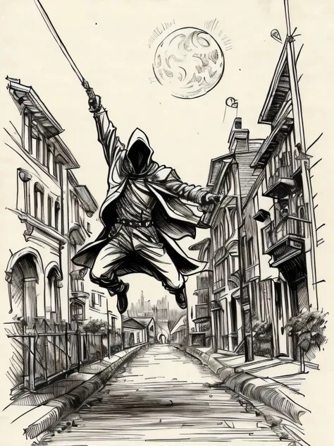 (davincisketch),jumping flying wandering nazgul, night, streets, sewers, moonlit, illuminated, (manga style), (sketch), (illutra...