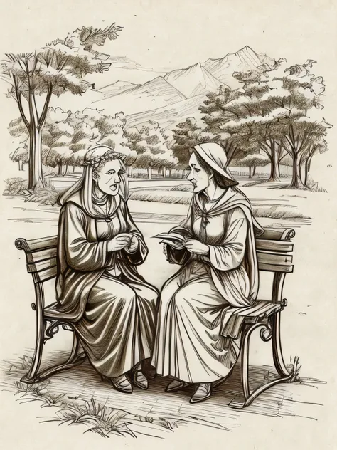 (davincisketch),two old english women, sitting on a bench and having a conversation, in the park, unable to finish their story, ...