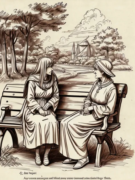 sideview,(davincisketch),two old english women, sitting on a bench and having a conversation, in the park, unable to finish thei...