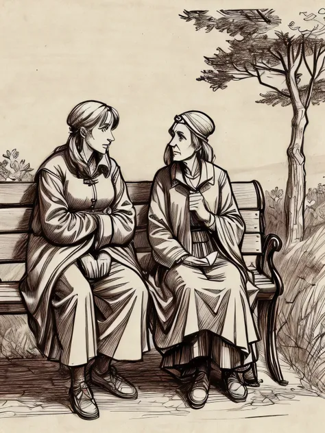 sideview,(davincisketch),two old english women, sitting on a bench and having a conversation, in the park, unable to finish thei...