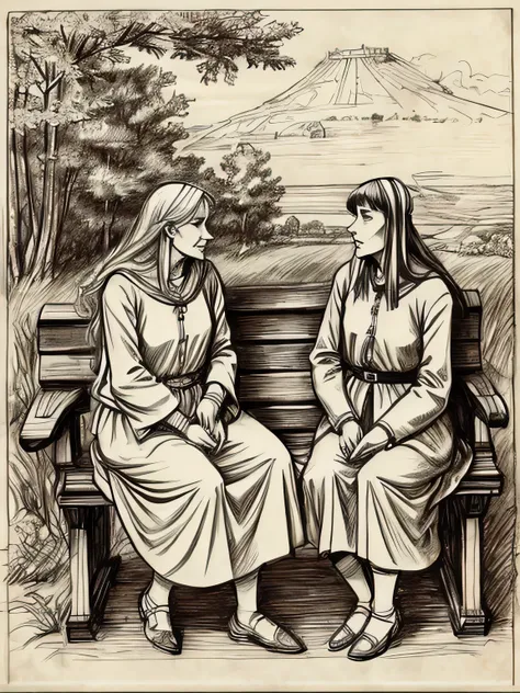 sideview,(davincisketch),two old english women, sitting on a bench and having a conversation, in the park, unable to finish thei...