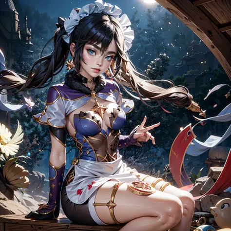 1girl, white maid dress, jewelry, black hair, flowing hair, long hair, navy maid dress with a short skirt and layers, maid white dress, maid, white maid apron, maid headdress, maid, mask, navy boots, navy dress with transparency, gold details on her clothe...