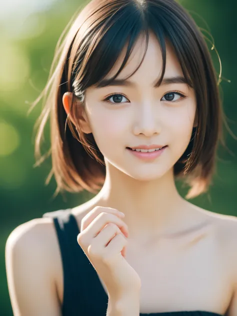 An elementary school girl who likes to be pretty, Small person, ( slim,  smaller, flat,  smaller), Black-haired, Photographically,  Details,  Detailed skin texture,  ultra detail , Delicate clavicle, smile,  super detailed face ,  Details Lips ,  detail ey...