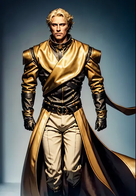 (masterpiece:1.2, best quality:1.2, extremely delicate:1.2), ((male:1.5)), a middle-aged man with short tousled golden hair, deep-set eyes, sharply defined features, serious expression, luxurious yellow-and-white fantasy-style composite silk satin top, sil...