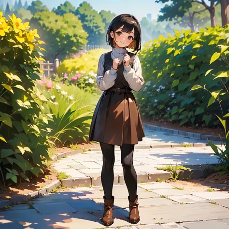 ( High Quality ,  high definition , Very detailed, reality:1.37), Peaceful atmosphere, (Outdoor, garden),  teenage girl standing alone,  Beautiful details,  cute smile with blush, (Black Bob), Ribbed sweater,Brown skirt, Black tights,  brown boots .