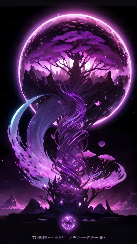 The cover of a medieval fantasy anime,  an amethyst moon and a luminous tree of life appear