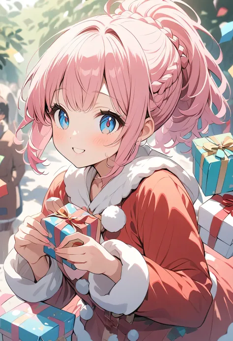 best quality、 high definition 、(High image quality:1.2)、masterpiece、 detailed background、 anatomically correct、(Normal number of fingers:1.4)、Teenage beauty、 brightly colored hair color 、 braided bob cut、 ponytail、
A girl in a red Santa costume hands pres...