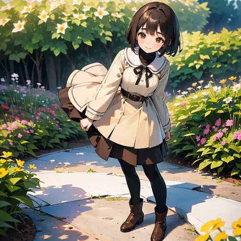 ( High Quality ,  high definition , Very detailed, reality:1.37), Peaceful atmosphere, (Outdoor, garden),  teenage girl standing alone,  Beautiful details,  cute smile with blush, (Black Bob), Ribbed sweater,Brown skirt, Black tights,  brown boots .